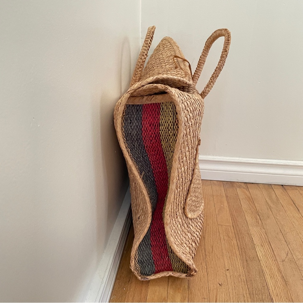 Vintage WOVEN Bag Rare Wicker Beach Bag Satchel Leather Strap Colored Panel - Picture 4 of 11